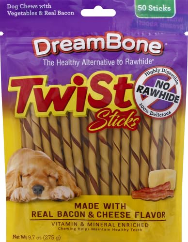 DreamBone Twist Sticks With Real Bacon And Cheese Flavor, Rawhide-Free Chews For Dogs, 50 Count (Pack of 1)