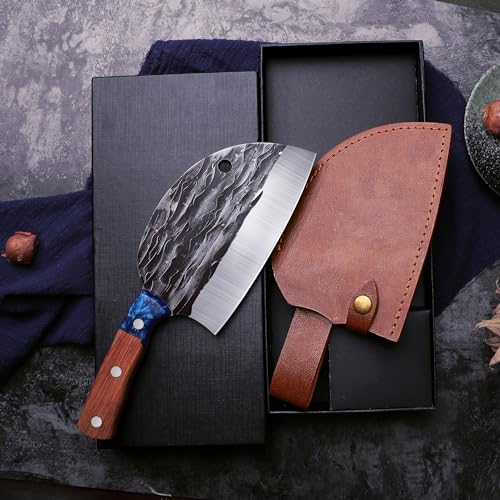 ROCOCO Serbian Chef Knife Hand Forged Butcher Knife Japanese Full Tang Knife with Sheath for Kitchen Outdoor BBQ Camping Birthday Christmas Gift Men