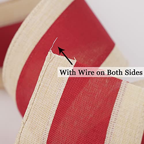 MEEDEE Red And White Striped Ribbon Red And White Wired Ribbon 2.5 Inch Red Fabric Ribbon With Ivory Stripe Edge Red Stripes Wired Ribbon For Wreath Christmas Tree Garland Topper Bow Making (10 Yards)