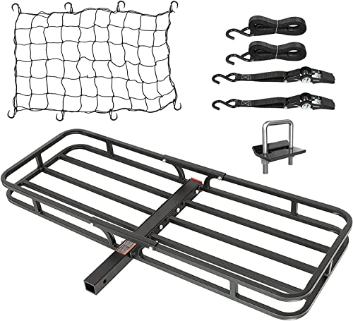 WEIZE 53 x 19 x 4-1/8 Inch Hitch Cargo Carrier, 500 lbs Capacity Steel Hitch Cargo Rack Basket with Net, Strap, Tightener for Car SUV Truck Traveling Camping, 2" Receiver