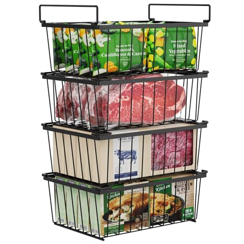 iSPECLE Freezer Organizer Bins - 4 Pack Stackable Chest Freezer Organizer for 5 Cu.FT Deep Freezer Sort Frozen Food, Deep Freezer Organizer Bins Get Food Easily with Handle Add Storage Space, Black