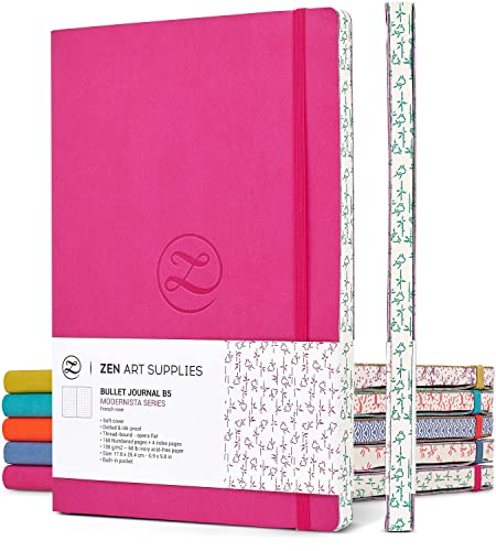 Cute Large B5 Dot Journal - Enjoy Bullet Journaling with a Soft Cover 7x10-inch, Non-Bleed Thick 120gsm Paper, Dotted Journal in Pink, Japanese Edge Motif, Faux Leather Lay Flat Dot Notebook - ZenART