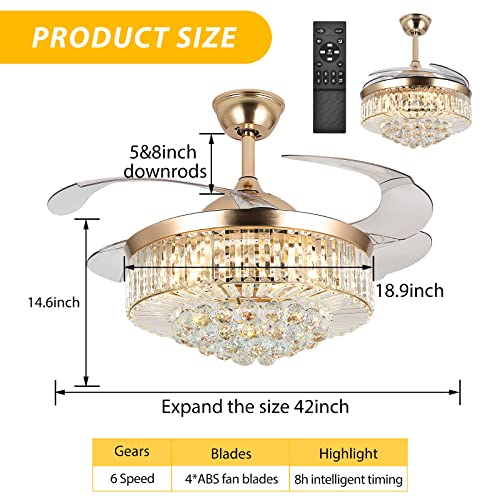 wuyule 42 Inches Crystal Ceiling Fan Golden Modern Crystal Chandelier Ceiling Fan with Lights and Remote, Invisible Fandelier LED Light kit with Retractable Blades for Indoor Living Room Bedroom
