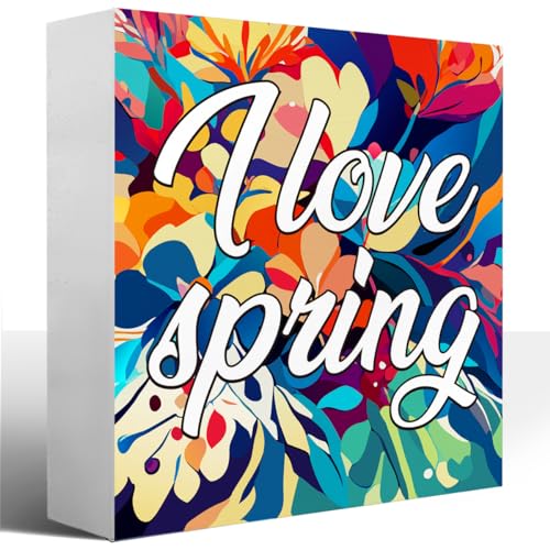 Spring Wooden Desk Sign,Funny Spring Sign,I Love Spring Wood Block Signs Desk Decor,Spring Decorations for Home Shelf Table Decor-1