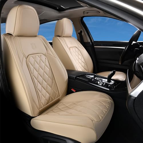 Coverado Front Seat Covers, 2 Pieces Universal Seat Covers for Cars, Luxury Faux Leather Waterproof Seat Covers, Car Seat Protector, Driver Seat Cover Auto Accessories Fit for Most Vehicles, Beige