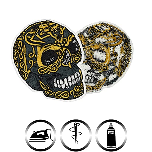 SKULL Patch pirates | Golden skull iron-on patch for all fabrics & leather | Skull head sticker for clothing and leather | tribal badge halloween accessory emblem | 2.75x2.28 in