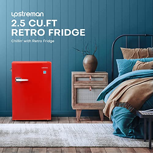 Upstreman CR-25 2.5 Cu.ft Retro Compact Refrigerator, Mini Fridge with Freezer, Adjustable Thermostat, Side Bottle Opener, Small Fridge for Office, Bedroom, Dorm, Bar, Red