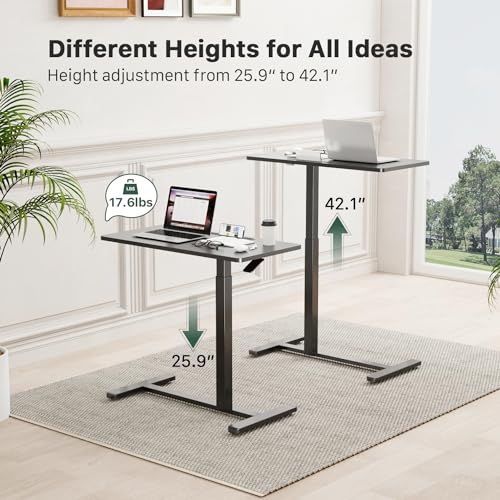 Gibbon Mounts Mobile Standing Desk, Pneumatic Adjustable Rolling Desk(31.5 Inches), Portable Laptop Desk with Wheels, Overbed Bedside Table Laptop Table for Couch, Home, Office, Black