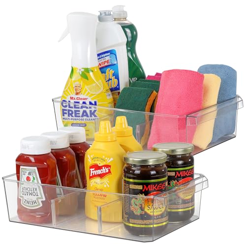 Clear Large Plastic Storage Bins with Removable Dividers, Pantry Organizers and Storage Containers Fridge Organizer Bin for Organizing Kitchen Under Sink Bathroom Refrigerator Organization Freezer