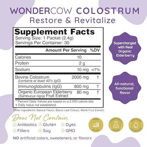 WONDERCOW Colostrum Supplement Powder for Gut Health, Immune Support, Muscle Recovery & Wellness | Natural IgG Pure Whole Bovine Colostrum Superfood, Chocolate, 60 Servings