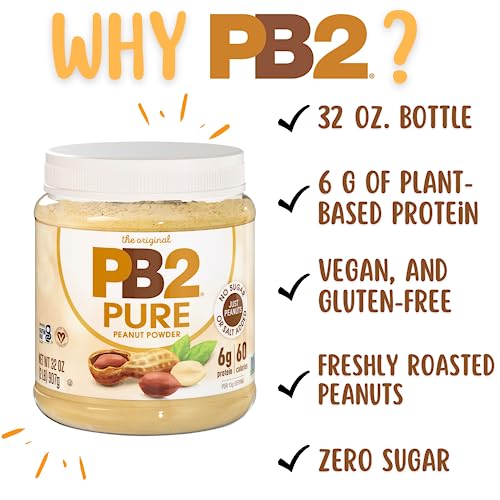 PB2 Pure Peanut Butter Powder - [2 lb/32 oz Jar] - No Added Sugar, No Added Salt, No Added Preservatives - 100% All Natural Roasted Peanuts - 6g of Plant-Based Protein