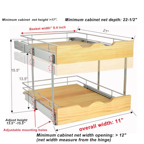 DINDON 2 Tier Pull Out Cabinet Organizer (11" W x 21" D) Slide Out Wood Shelf Organizers Double Tier Kitchen Wire Basket With Chrome Finish…