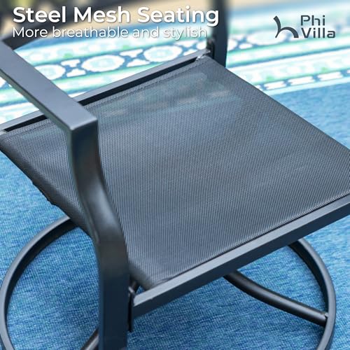 PHI VILLA Outdoor Metal Swivel Chairs Set of 2 Patio Dining Chair with Cushion Furniture Set for Garden Backyard Bistro, Small Grid, Black