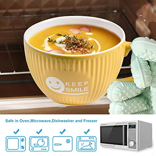 fMSDD Keep Smile Large Soup Mug with Lid, Funny Icon Ramen Bowl Ceramic Bowls with Handle, 28oz, Apricot Yellow