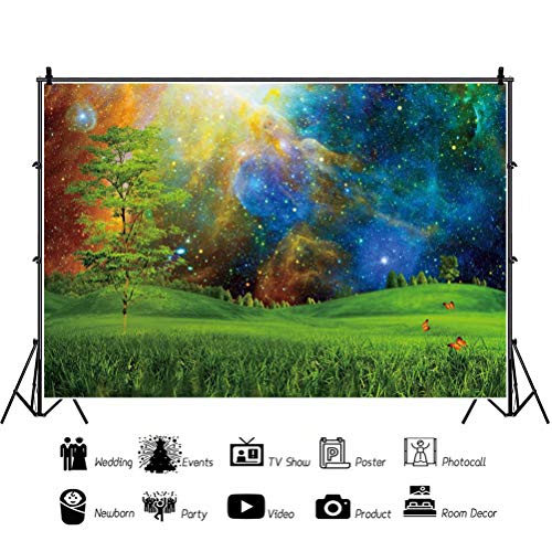 Enchanted Forest Backdrop 5x3ft Dreamy Nebula Galaxy Starry Sky Spring Green Grassland Meadow Butterfly Nature Scenery Photo Background Party Decor Kids Girls Boys Adults Portrait Studio Props