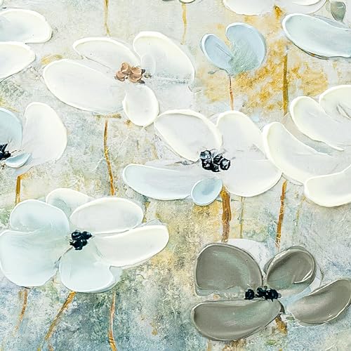 ArtbyHannah Oil Painting on Canvas DIY Kit - Hand-Painted White Flower Wall Art, 28x20 in to be Assembled Wall Decoration with Accessories - Textured Artwork