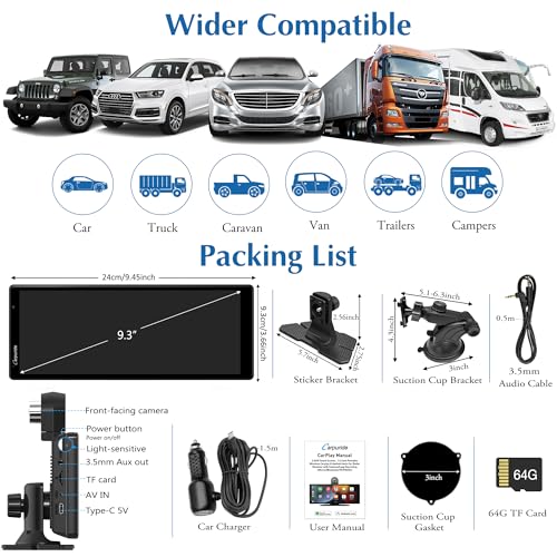 [2024 Newest] Carpuride 4K W903 Portable Wireless Carplay & Android Auto with Dash Cam - 9.3" HD IPS Screen, 4K Front Camera, Loop Recording, Bluetooth, Mirror Link, GPS, Siri, Dashboard Mounted