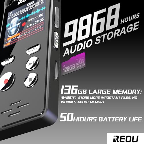 136GB Digital Voice Recorder with Playback for Lectures Meetings - REOU 9868 Hours Sound Audio Recorder Dictaphone Recording Device with Microphone, Voice Activated, Level Control, USB-C,Password