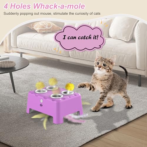 Interactive Cat Toys, 2-in-1 Automatic Cat Toy, 4 Holes Mice Whack A Mole Cat Mouse Toy with Moving Feather, Portable USB Rechargeable Electronic Kitten Toys (Blue)