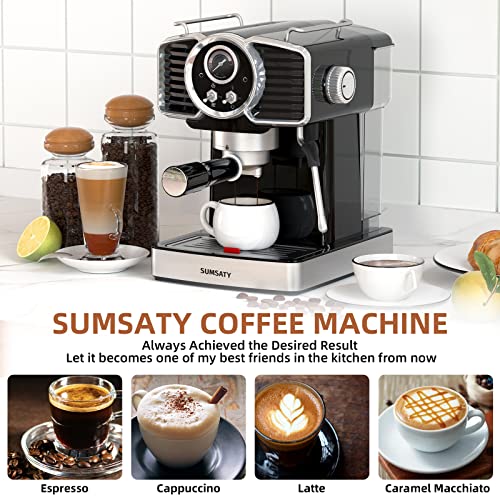 SUMSATY Espresso Machine 20 Bar, Professional Espresso Maker with Milk Frother Steamer Wand, Espresso Coffee Machine Black, Cappuccino & Latte Machine for Home, Retro, 1.8L Removable Water Tank