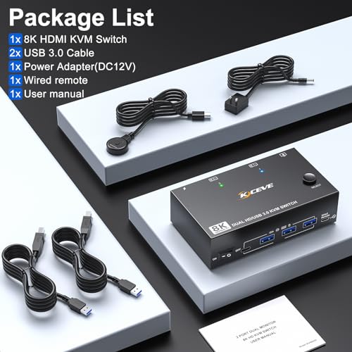 8K HDMI KVM Switch 2 Monitors 2 Computers 8K@60Hz 4K@144Hz, Camgeet Dual Monitor KVM Switch with 4 USB 3.0 Hub for Keyboard Mouse Printer,Wired Remote,12V Power Adapter and USB Cables Included