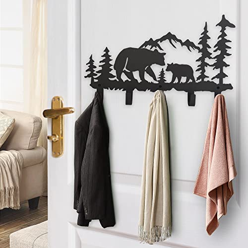 VIVICOMFY Metal Bear Coat Hooks Wall Art Decor-Bear Hangers and Key Holder-Animal Theme Hooks Sweet Home Decor for Storage, Living Room, Hallway, Office (Black)
