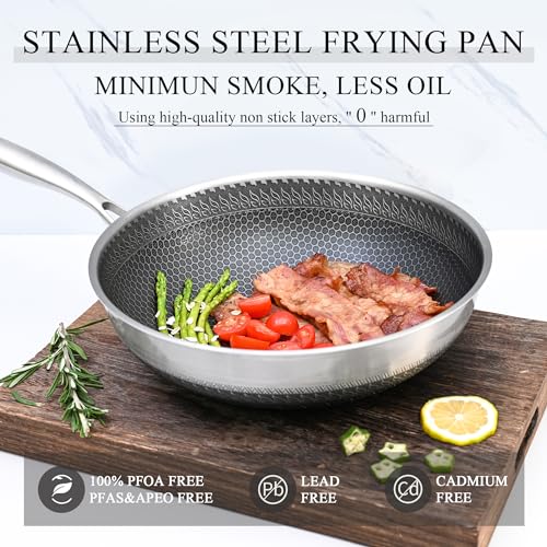 Vinchef Stainless Steel Wok Pan with Glass Lid 12 Inch Nonstick Stir Frying Pan Induction Compatible and Dish Washer Safe