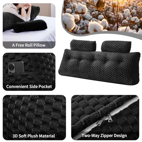 Wedge Headboard Pillow - Bed Wedge Pillow for Headboard Triangular Headboard Pillow with Neck Roll Pillow-Large Bolster Pillow for Sitting in Bed Backrest Positioning Support (Black,39x8x20 Inches)