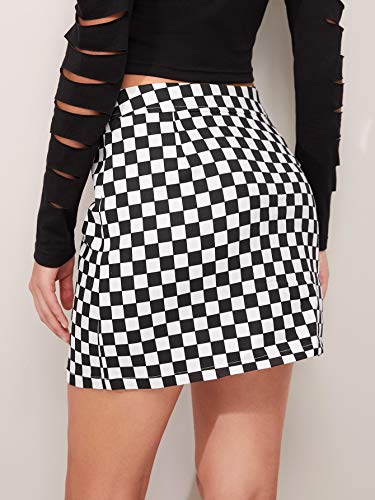 WDIRARA Women's Elegant Mid Waist Above Knee O-Ring Zipper Front Plaid Skirt Black and White Checked XXS