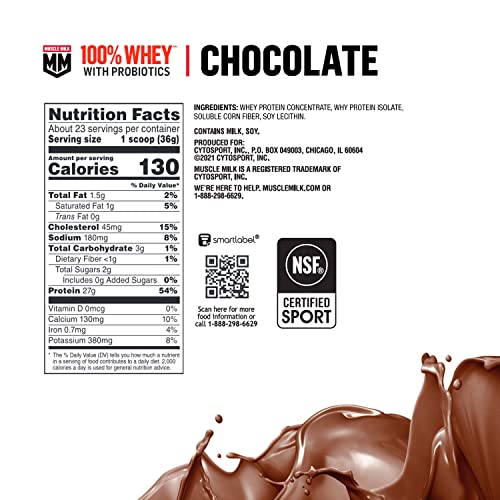 Muscle Milk 100% Whey With Probiotics Protein Powder, Chocolate, 1.85 Pound, 23 Servings, 27g Protein, 2g Sugar, 1B CFU Probiotics, Low in Fat, NSF Certified for Sport, Packaging May Vary