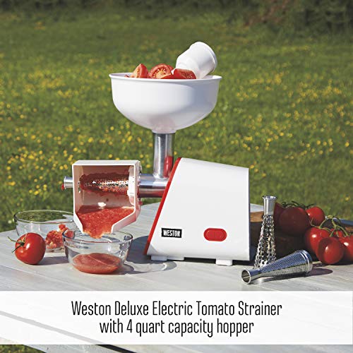 Weston Deluxe Electric Tomato Strainer, Food Mill, Sauce Maker for Salsa, Fruits, Apples, Berries, 4 Quart (82-0250-W)