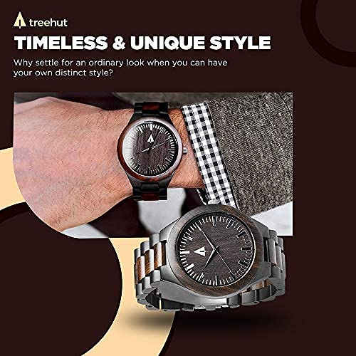 Treehut Wooden Watches for Men, Great Japanese Quartz Analog, Stylish Exotic Watch with Adjustable Stainless Steel Clasp, Buckle, Made from Ebon Wood, Relojes Hombre Mujeres