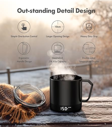 Temperature Control Smart Mug, Self-Heating Coffee Mug with Double-Sided & Real-Time Temperature LED Display, Surround Heating, Improved Waterproof Design, Gifts for Friends, Parents(Black – 14 oz)