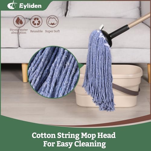 Eyliden String Mop with 2 Reusable Heads, Non-Touch Replacement Mops for Floor Cleaning, 4 Scouring Pads Adjustable Handle Floor Mop, Wet and Dry Cotton Mop for Any Surfaces, Commercial Home, Blue