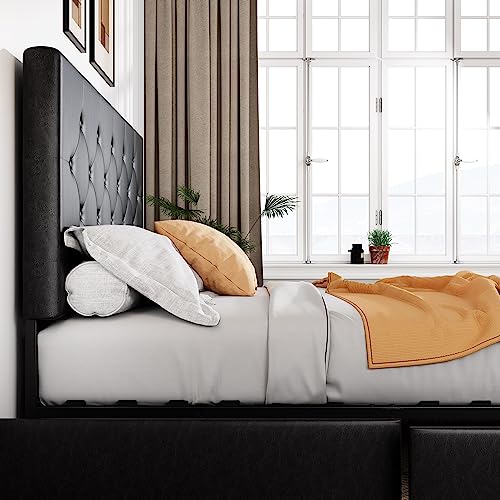 Allewie Upholstered Queen Size Platform Bed Frame with 4 Storage Drawers and Headboard, Diamond Stitched Button Tufted, Mattress Foundation with Wooden Slats Support, No Box Spring Needed, Black Brown