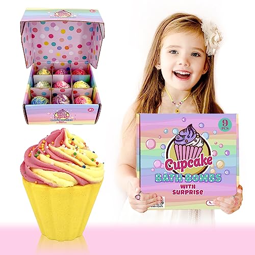 9 Pack Cupcake Bath Bombs for Kids with Surprise Inside, Kids Bath Bombs with Jewelry Inside for Kids Girls, Super Large Kids Bath Bombs for Children…