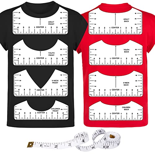 tietoc Ruler Set - 9pcs PVC Tshirt-Ruler, Transparent V-Neck/Round Measurement, 10x5/10x4.5/10x3.5/10x2.5in, Ideal for Alignment & Heat Press, Children Youth Adult, Front & Back
