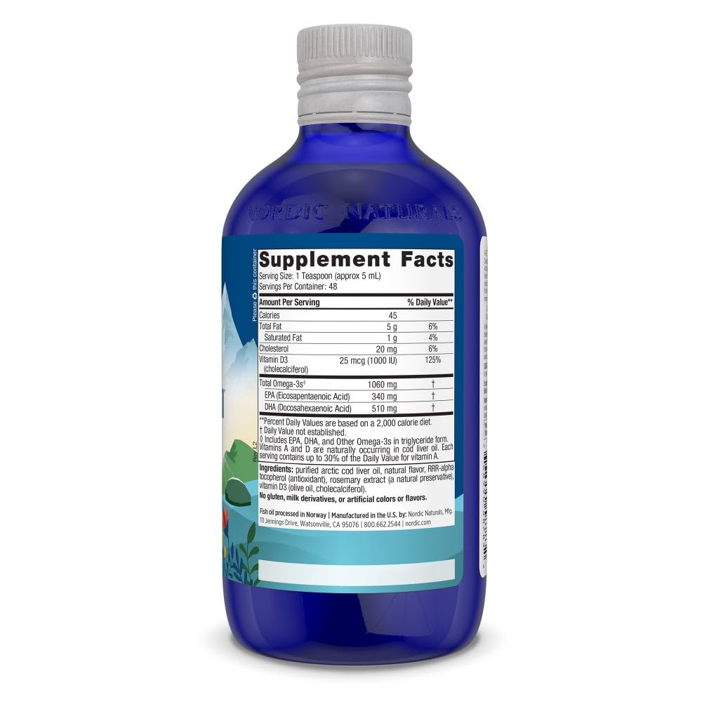 Nordic Naturals Arctic-D Cod Liver Oil, Lemon - 8 oz - 1060 mg Total Omega-3s + 1000 IU Vitamin D3 - EPA & DHA - Heart, Brain, Bone, Immune & Mood Support - Non-GMO - 48 Servings