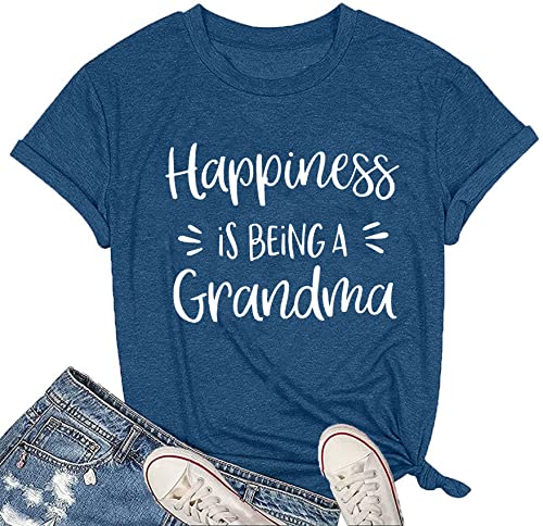 MAIHUN Womens Grandma Shirt Happiness is Being a Grandma Shirt Funny Letters Printed Casual Grandmother Tee Top Blue