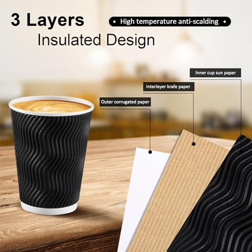 Huifany Coffee Cups 12 oz-120 Pack, Black Coffee Cups Disposable Paper Cups 12 oz, Insulated Hot Cups for Party/Office/Home/Travel/Cafe/Event, Black