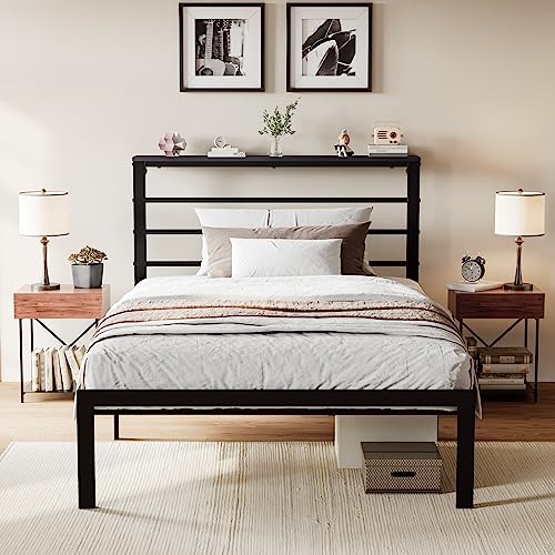 SHA CERLIN Twin Size Bed Frame with Headboard Shelf and Strong Metal Foundation, No Box Spring Needed, Black