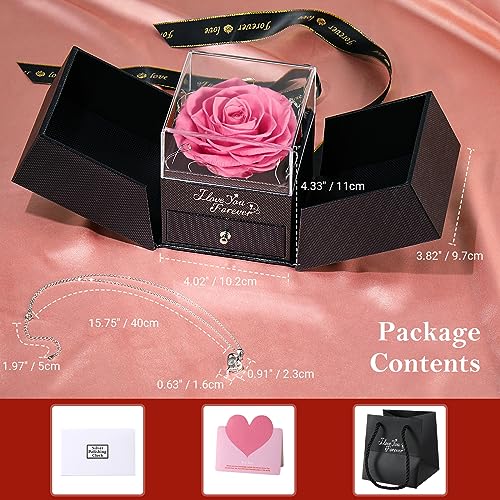 Emibele Preserved Real Pink Rose with S925 Sterling Silver Necklace, Eternal Rose with I Love You Necklace in 100 Languages Music Box with Lights Romantic Gifts for Mom Grandma Wife Girlfriend Her