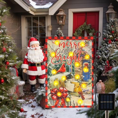 Santa Claus Sleigh Reindeer Season Greeting Solar Led Lighted Garden Flag, USA Flag Christ Cross Yard Decor for Christmas Holiday Outside 12x18 Inch
