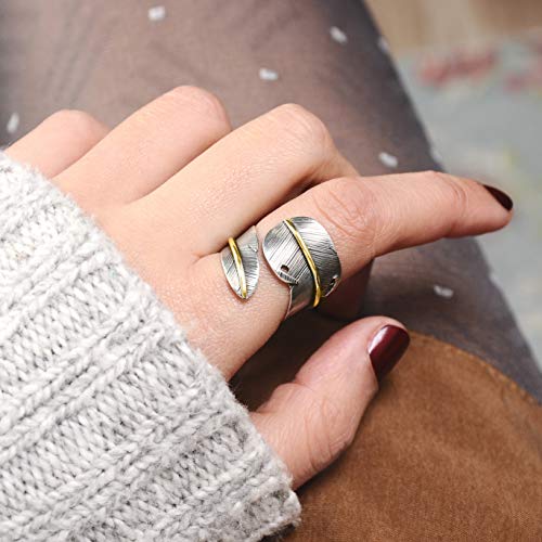 Boho-Magic 925 Sterling Silver and Brass Leaf Adjustable Ring for Women, Cool Plain Simple Open Wrap Feather Ring Size 7-10