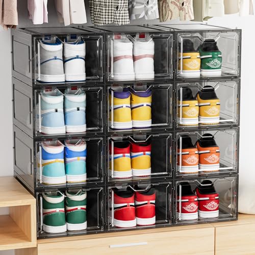 Delamu Shoe Storage Boxes, Large & Sturdy Shoe Organizer, Shoe Boxes Clear Plastic Stackable for Closet, Shoe Bins for Sneaker Boot Container, Display Shoe Case with Magnetic Door, 6 Pack, Black