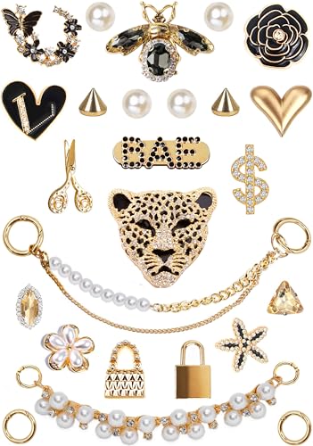 ZOKUZO Bling Croc Charms Accessories Gold Cute Designer Girly Pearl Crock Pins Jewels Gems Chains Shoe Decorations Charms Jewelry for Women Adults Black Girl Teens Gifts Bubble Slides