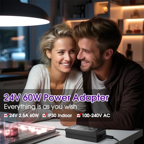 HitLights 24V Power Supply, 2.5A 60W Adapter Transformer UL Listed, 100V-240V AC to 24V DC Converter with 5.5 x 2.1mm DC Plug ＆ AC Cord for LED Strip Lights and Other Low Voltage Devices