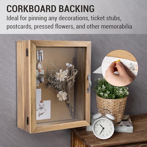 MyGift 11x14 Natural Solid Acacia Wood Deep Shadow Box with Cork Board Backing, Wall Mounted Display Case with Clear Acrylic Front Window Panel, Metal Handle and Latch