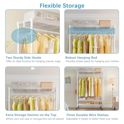 VIPEK R1C Plus Garment Rack Rolling Clothes Rack with Locking Wheels, Heavy Duty Clothing Rack Portable Closet with Adjustable Shelves & Side Hooks, White Rack with Grey Upgraded Polyester Cover