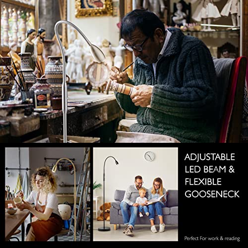 O’Bright Ray – Adjustable LED Beam Floor Lamp, Dimmable and Zoomable Spotlight, Flexible Gooseneck, Reading/Crafting Standing Lamp, Work Table Light, Antique Brass